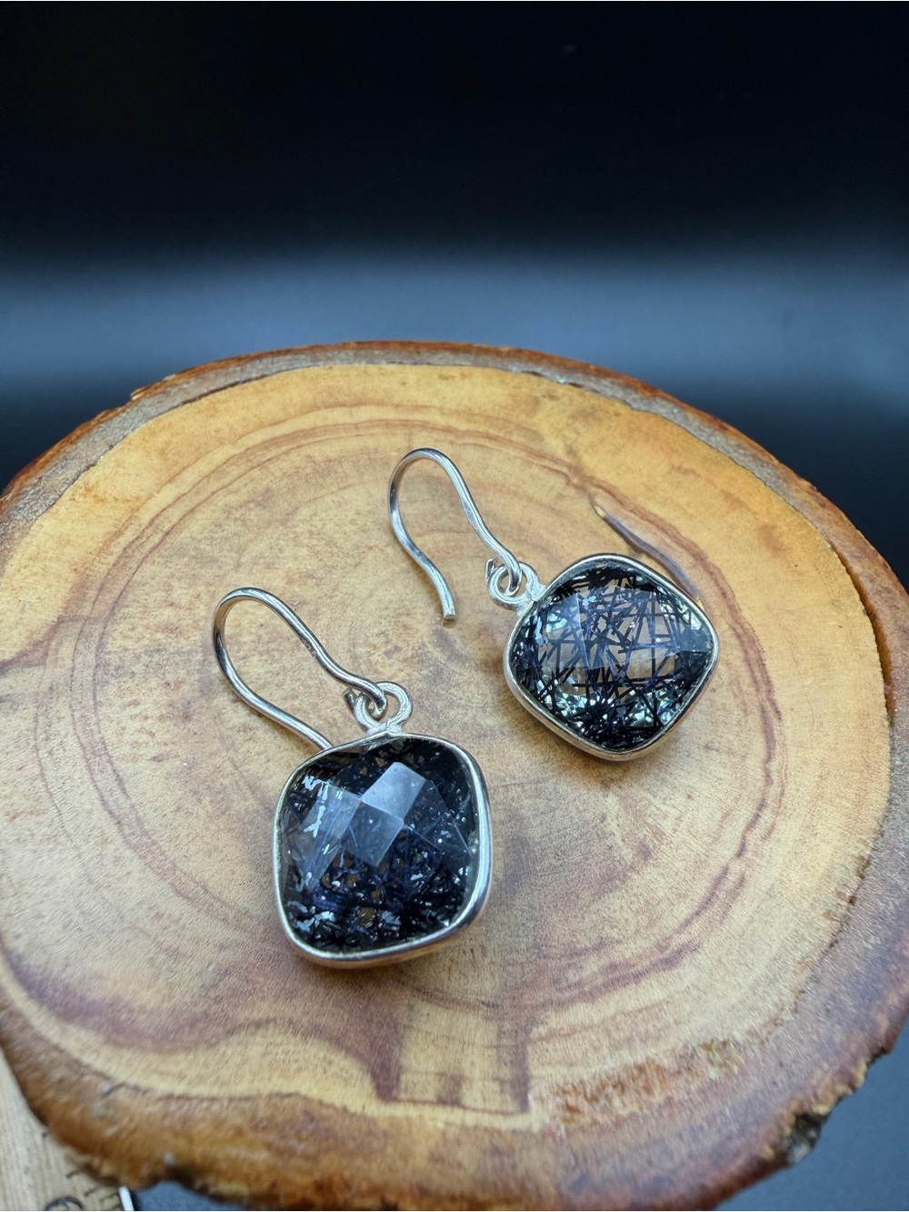 Black Rutilated Quartz Sterling Drop Earrings